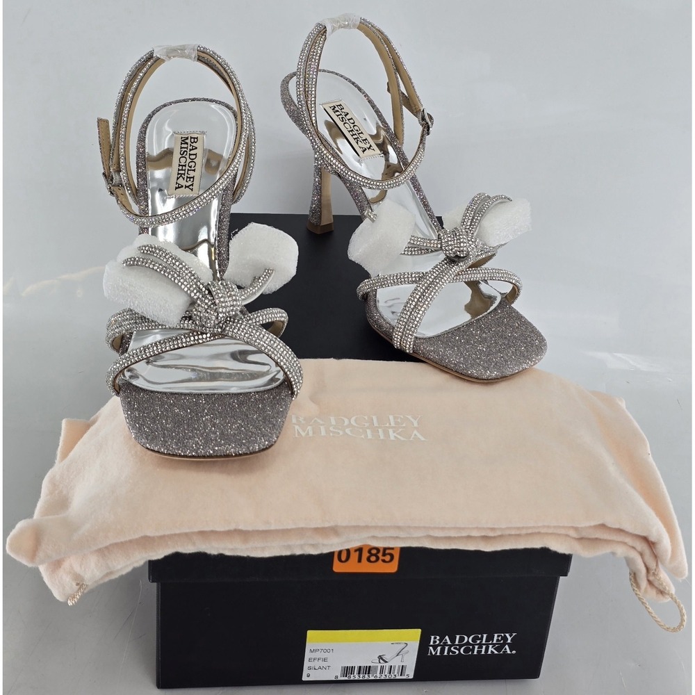 Badgley Mischka Effie Bow Stiletto Heel Sandals Women's Silver Antique Sz 9 NIB